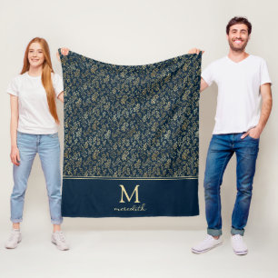 Elegante Luxury Navy Gold Leaf Monogram Fleecedecke