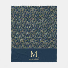 Elegante Luxury Navy Gold Leaf Monogram Fleecedecke