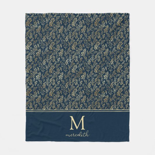 Elegante Luxury Navy Gold Leaf Monogram Fleecedecke (Vorderseite)