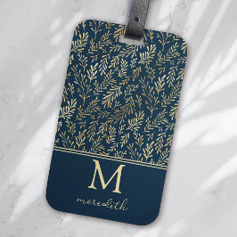 Elegante Luxury Navy Gold Leaf Monogram Gepäckanhänger