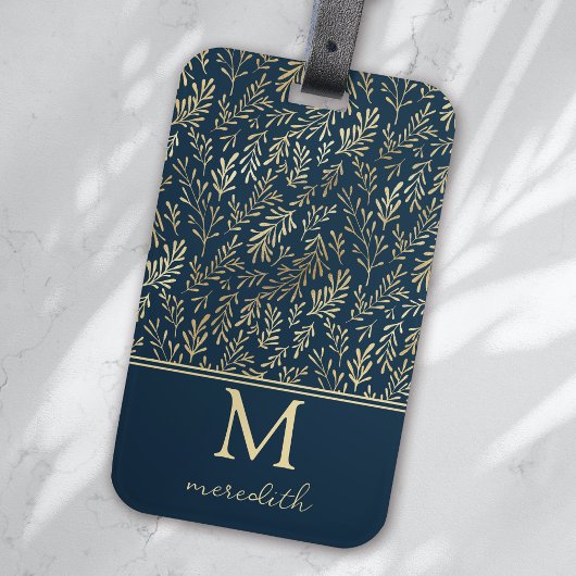Elegante Luxury Navy Gold Leaf Monogram Gepäckanhänger