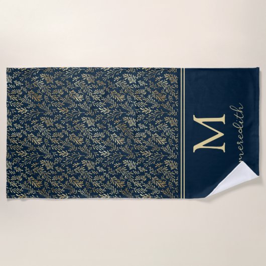 Elegante Luxury Navy Gold Leaf Monogram Strandtuch (Vorderseite)