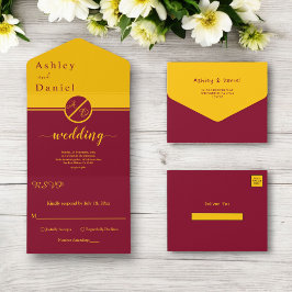 Elegante Luxus-Burgund und Gold Monogramm Hochzeit All In One Einladung