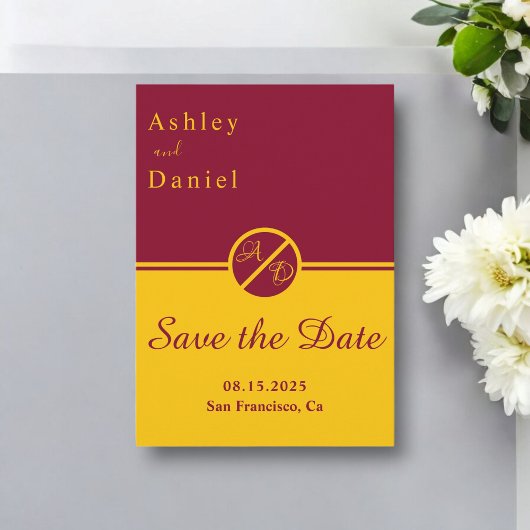 Elegante Luxus-Burgund und Gold Monogramm Hochzeit Save The Date