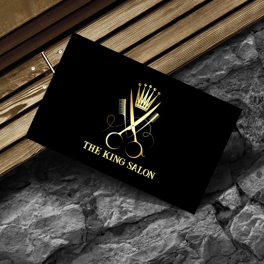Elegante Luxus Gold Scissor & Black Hair Stylist Visitenkarte