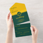 Elegante Luxus-Grün- und Gold-Monogramm-Hochzeit All In One Einladung (Abreißen)