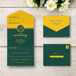 Elegante Luxus-Grün- und Gold-Monogramm-Hochzeit All In One Einladung