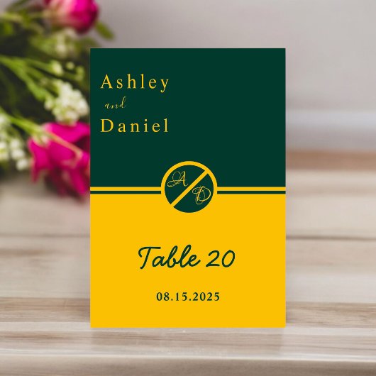 Elegante Luxus-Grün- und Gold-Monogramm-Hochzeit Tischnummer