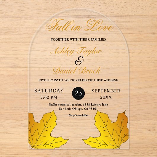 Elegante Luxus Schwarz und Gold Blätter Hochzeit i Acryleinladungen (Vorderseite)