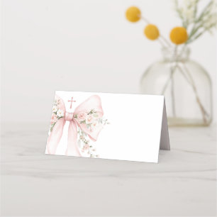 Elegante Mädchen-Taufe Pink Blumen-Schleife Platzkarte