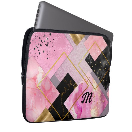 Elegante mädchenhafte Imitate Glitzer rosa schwarz Laptopschutzhülle (Vorne Rechts)