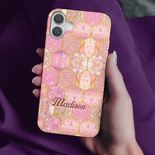 Elegante mädchenhafte Imitate Glitzer Rose geometr iPhone 16 Hülle