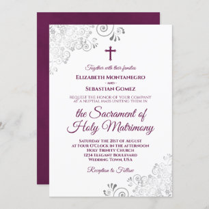 Elegante Magenta auf der White Modern Catholic Wed Einladung