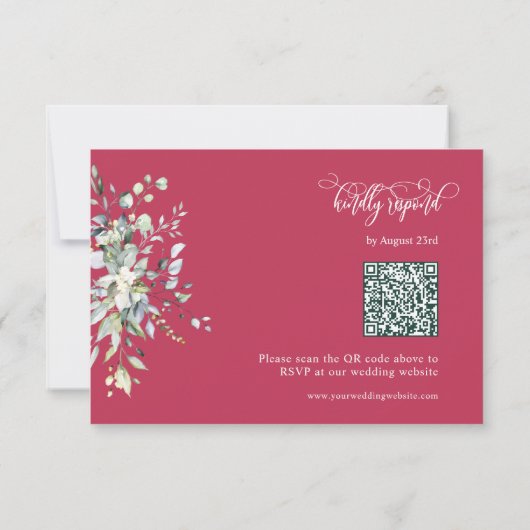 Elegante Magenta Green Blätter QR Code Response Ca RSVP Karte (Rückseite)