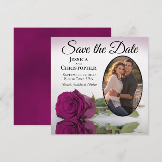 Elegante Magenta Pflaume Rose mit Oval Foto Hochze Save The Date (Vorne/Hinten)