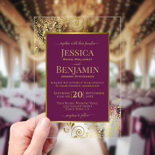 Elegante Magenta-Pflaume- und Gold-Hochzeitstext Acryleinladungen