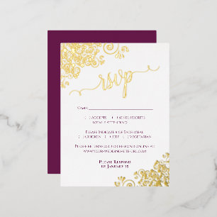 Elegante Magenta Plum Gold Foil Wedding RSVP Card Folie Einladungspostkarte