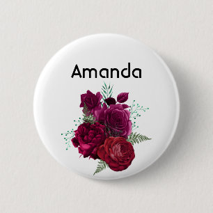 Elegante Magenta Rose Floral Bouquet Button