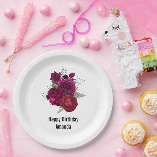 Elegante Magenta Rose Floral Bouquet Geburtstag Pappteller (Party)