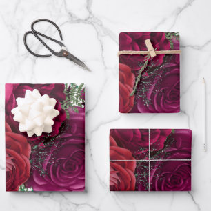 Elegante Magenta Rose Floral Bouquet Geschenkpapier Set