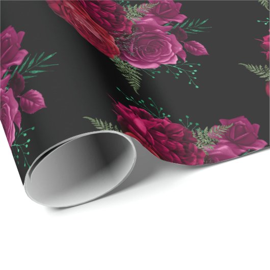 Elegante Magenta Rose Floral Bouquet Muster Geschenkpapier (Rolleneckpunkt)