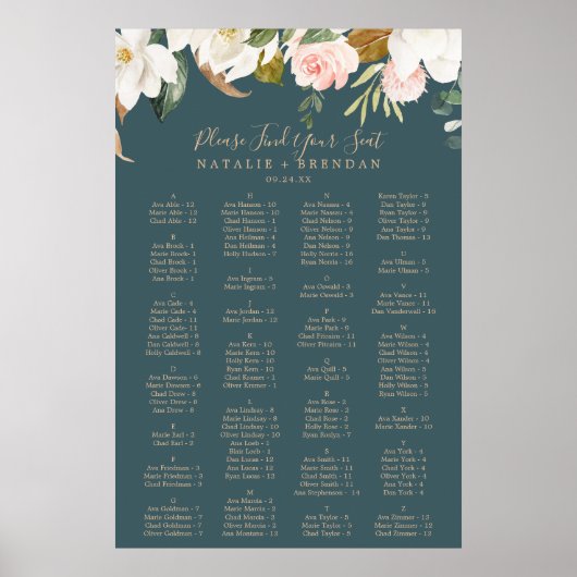 Elegante Magnolia Aquamarine Alphabetische Sitzkar Poster (Vorne)