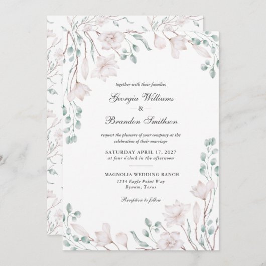 Elegante Magnolia Eukalyptus Botanische Hochzeit Einladung (Vorne/Hinten)