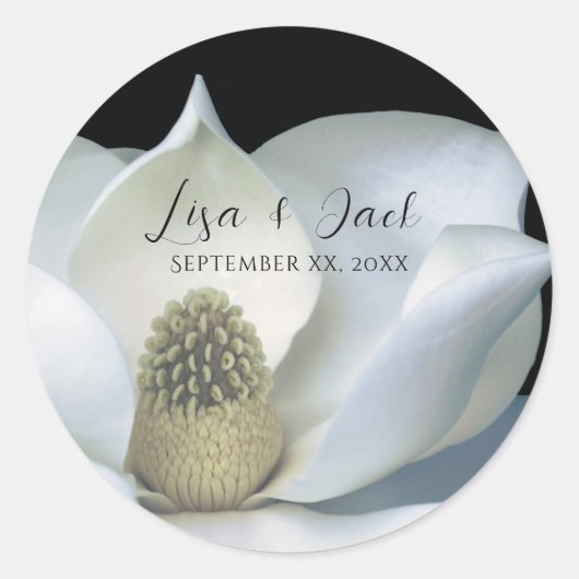 Elegante Magnolia Schwarz-Weiß-Hochzeit Runder Aufkleber (Vorderseite)