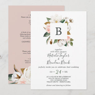 Elegante Magnolia Weiß & Blush auf einer Hochzeit Einladung