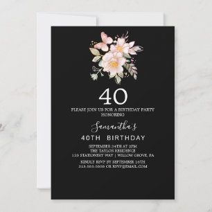 Elegante Magnolie   40. Geburtstag in Schwarz-Weis Einladung