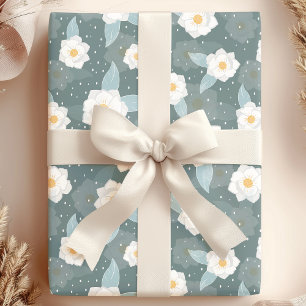 Elegante Magnolie Blumen Weiß Punkte Geschenkpapier