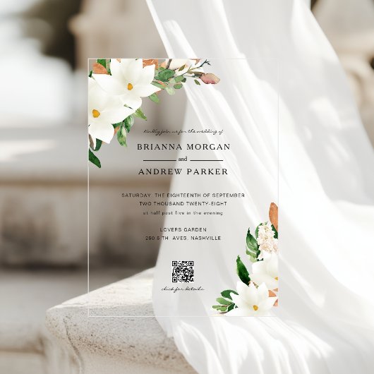 Elegante Magnolie mit QR-Code Hochzeit Acryleinladungen