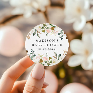 Elegante Magnolien-Baby-Shower im Wasserfarblook Runder Aufkleber