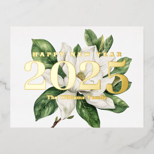 Elegante Magnolienblüte Frohes Neues Jahr 2027 Gol Folien Feiertagspostkarte