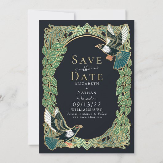 Elegante Magpie Art Nouveau Wedding Save the Date Einladung (Vorderseite)
