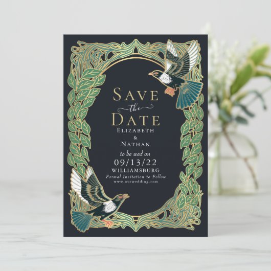 Elegante Magpie Art Nouveau Wedding Save the Date Einladung (Stehend Vorderseite)