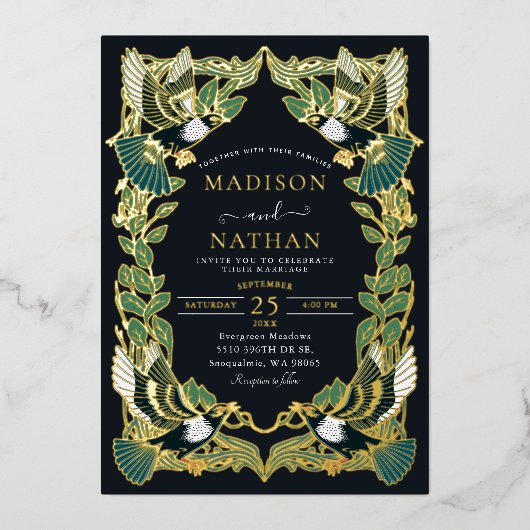 Elegante Magpie Jugendstil Hochzeit Folieneinladung (Vorderseite)