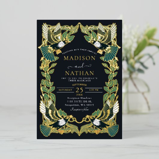 Elegante Magpie Jugendstil Hochzeit Folieneinladung (Stehend vorne)