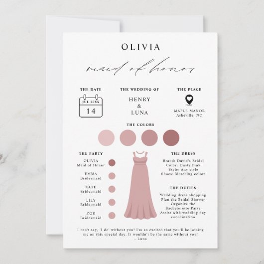 Elegante Maid of Honor Bridal Party Info Card Einladung (Vorderseite)