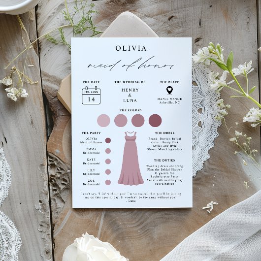 Elegante Maid of Honor Bridal Party Info Card Einladung