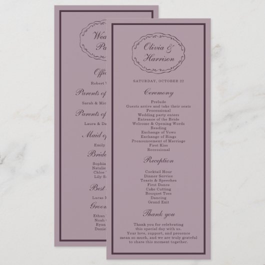 Elegante Malven-Pflaume-Hochzeitsprogrammkarte Einladung (Vorne/Hinten)