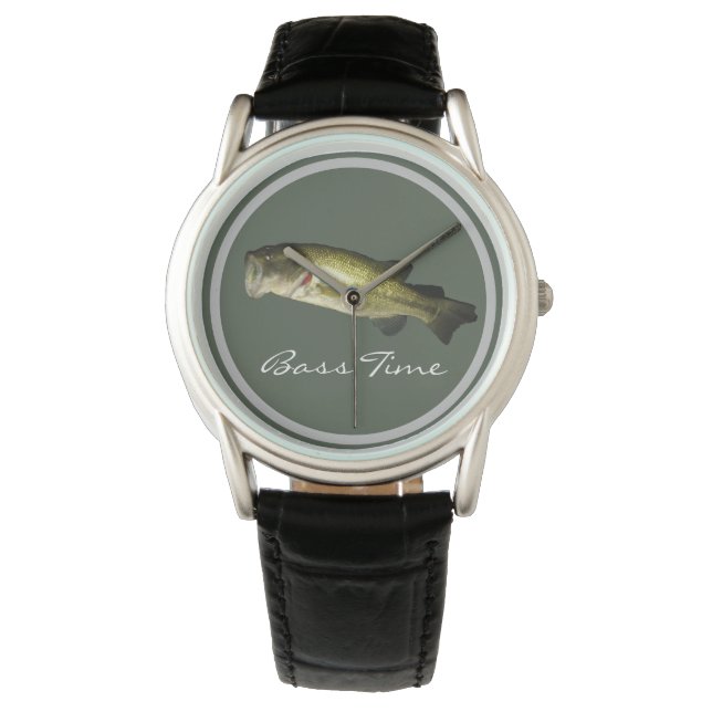 Elegante Männer Bass Fish Time Black Leather Custo Armbanduhr (Vorderseite)