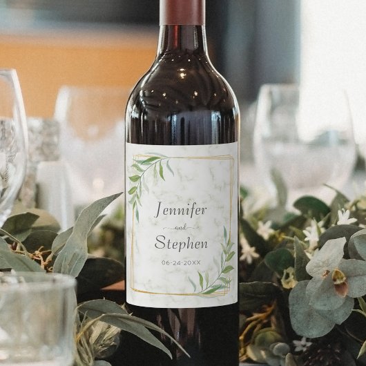 Elegante Marble Greenery Gold Geometric Wedding Weinetikett