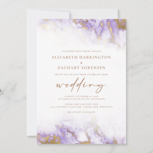 Elegante Marble Lavender Gold Wedding Einladung (Vorderseite)