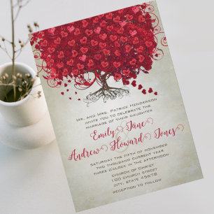 Elegante Märchen-Rot-Herz-Blatt-Baum-Hochzeit Einladung