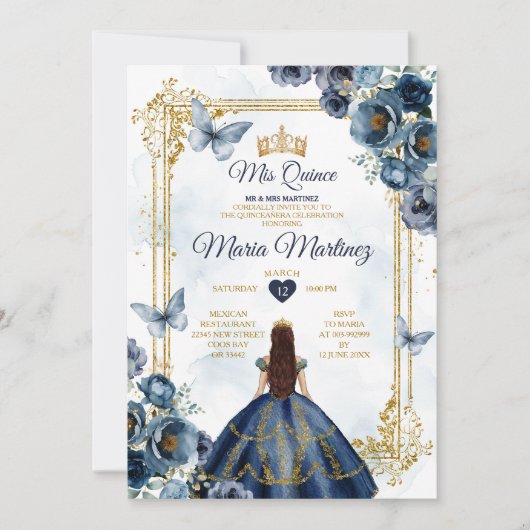 Elegante Marine Blue and Gold Princess Quiñceanera Einladung (Vorderseite)