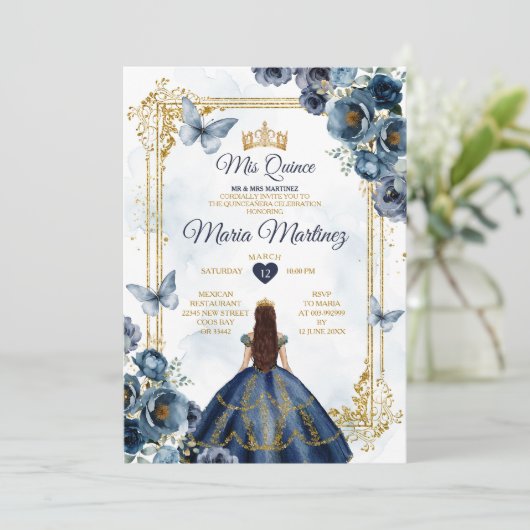 Elegante Marine Blue and Gold Princess Quiñceanera Einladung (Stehend Vorderseite)