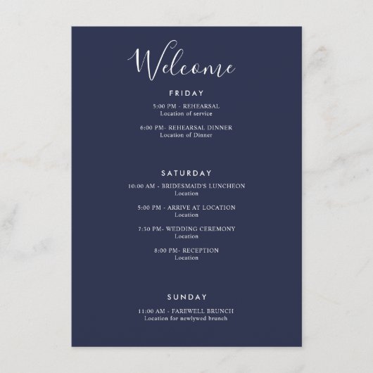 Elegante Marine Blue Moderne Begrüßungsreise Begleitkarte (Vorderseite)