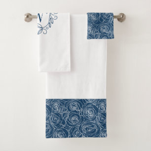 Elegante Marine-Blumenmonogramm Badhandtuch Set