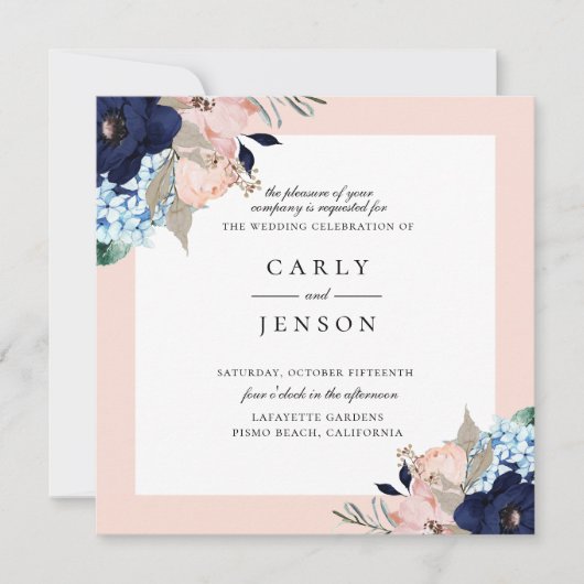 Elegante Marine + Blush Floral Wedding Einladung (Vorderseite)